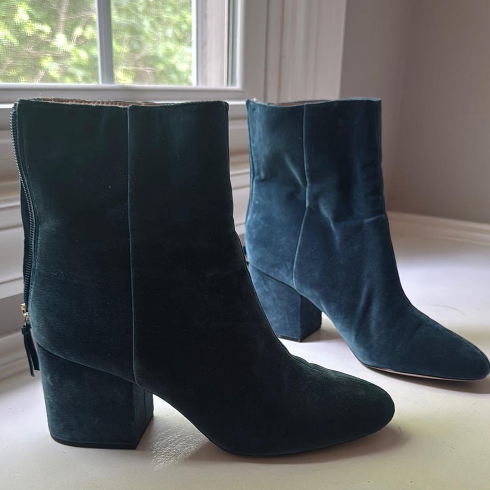 J. Crew Blue Heeled Boots Velvet Block Heel
